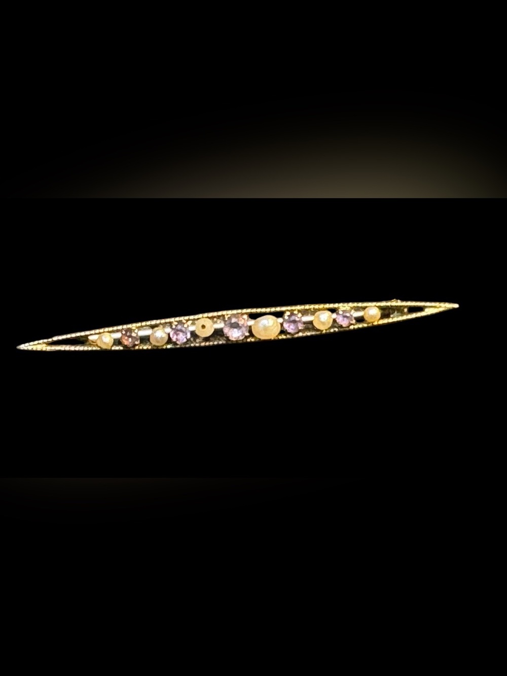 Vintage 10K Yellow Gold Bar Brooch Pin w/ Round White Pearl & Purple Stones